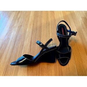 Prada Black Patent Leather Wedge Sandals with Ankle Strap
